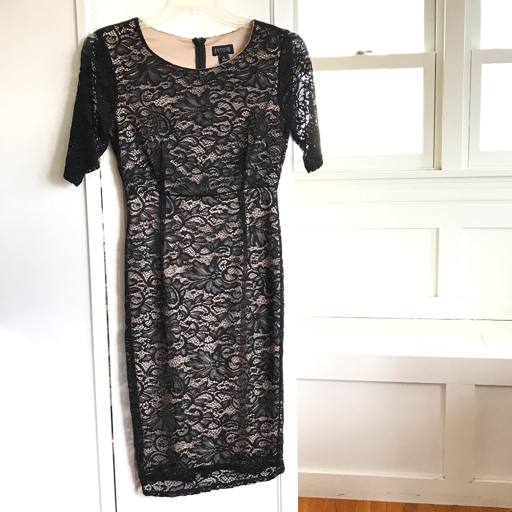 EN FOCUS STUDIO Black Lace Midi Dress Sheath Women’s Size 8